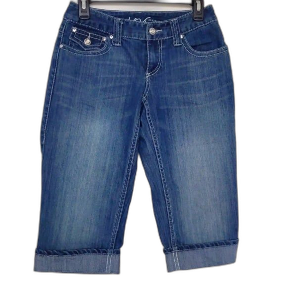 Women's Inc Denim Curvy Fit Blue Cropped Capri Distressed Stretch Jeans Size 2